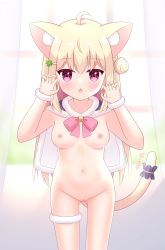 Rule 34 | 1girl, absurdres, ahoge, animal ear fluff, animal ears, bell, blonde hair, blue capelet, blurry, blurry background, blush, bow, breasts, capelet, cat ears, cat girl, cat tail, chestnut mouth, claw pose, clover hair ornament, commentary request, curtains, day, depth of field, fang, four-leaf clover hair ornament, fur-trimmed capelet, fur trim, gluteal fold, hair between eyes, hair bun, hair ornament, hairclip, hands up, highres, indoors, jingle bell, liang feng qui ye, looking at viewer, medium breasts, naked capelet, navel, nipples, original, parted lips, pink bow, purple eyes, pussy, side bun, signature, single hair bun, single side bun, solo, standing, sunlight, tail, transparent, uncensored, window