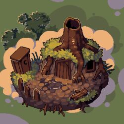 Rule 34 | artist name, cloud, commentary, crescent, diorama, door, english commentary, foliage, green background, hut, log, nature, no humans, nop (nop pixels), outdoors, outhouse, pixel art, plant, puddle, roots, scenery, shrek (series), tree, tree stump, water, wetland