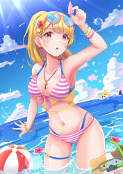 Rule 34 | 1girl, absurdres, aimoto rinku, alternate hairstyle, arm up, ball, bare arms, bare shoulders, beachball, bikini, bird, blonde hair, blue-tinted eyewear, blue sky, blush, bow, bow earrings, bracelet, breasts, cloud, commentary request, cowboy shot, d4dj, day, earrings, eyewear on head, fingernails, flower, flower on liquid, front-tie bikini top, front-tie top, glint, gluteal fold, groin, halterneck, heart, heart-shaped eyewear, hibiscus, highres, holding, holding shell, horizon, jewelry, long hair, looking at viewer, medium breasts, multi-strapped bikini bottom, multi-strapped bikini top, navel, necklace, nyochio (d4dj), ocean, outdoors, parted lips, pearl bracelet, pearl necklace, pendant, pink-framed eyewear, pink bikini, pink flower, ponytail, red eyes, red flower, seagull, shark fin, shell, shell hair ornament, skindentation, sky, snorkel, solo, sparkle, standing, stomach, striped bikini, striped clothes, stuffed animal, stuffed cat, stuffed toy, sunglasses, sunlight, swimsuit, thigh strap, tinted eyewear, wading, wet, yellow flower, yuzu ponzu (vgah7445)