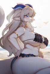 Rule 34 | 1girl, absurdres, armlet, beach, bikini, black bikini, blue eyes, blue horns, blurry, blurry background, body fur, breasts, closed mouth, commentary, english commentary, frilled bikini, frills, furry, furry female, grey fur, highres, horns, large breasts, long hair, ocean, original, outdoors, sitting, solo, swimsuit, thighs, whooo-ya