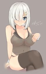 Rule 34 | 10s, 1girl, arm support, bad id, bad pixiv id, bandaid, bandaids on nipples, bare arms, black panties, black thighhighs, blue eyes, breasts, cleavage, covered erect nipples, covering one breast, covering privates, crossed legs, female focus, hair ornament, hair over one eye, hairclip, hamakaze (kancolle), kantai collection, kuavera, large breasts, looking at viewer, panties, pasties, see-through, short hair, silver hair, simple background, sitting, solo, thighhighs, underwear