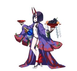 Rule 34 | 1girl, :d, alcohol, blush, breasts, cup, dan evan, fate/grand order, fate (series), food, fruit, full body, gourd, horns, japanese clothes, kimono, long sleeves, looking at viewer, navel, obi, open mouth, outstretched arms, purple eyes, purple hair, sakazuki, sake, sash, short hair, shuten douji (fate), skin-covered horns, small breasts, smile, solo, spread arms, stomach, white background, wide sleeves