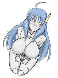 Rule 34 | 1girl, ahoge, android, antenna, blue hair, blush, breasts, clenched hands, gynoid, hands on lap, humanoid robot, kneecaps, kneeling, large breasts, long hair, looking at viewer, looking up, number, numbers, nutpi, original, robot, robot girl, tally, tally marks, yellow eyes
