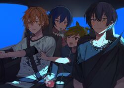 Rule 34 | 4boys, aoyagi touya, black shirt, blonde hair, blue eyes, blue hair, blue nails, blush, car interior, closed mouth, dark blue hair, drink, drinking, drinking straw, driving, hair between eyes, highres, holding, holding drink, jewelry, kagamine len, kaito (vocaloid), light particles, light rays, looking ahead, looking at another, looking at viewer, male focus, mole, mole under eye, multiple boys, necklace, open mouth, orange eyes, orange hair, pawpawrim, project sekai, purple hair, seatbelt, shinonome akito, shirt, short hair, smile, star (symbol), star in eye, sweatdrop, symbol in eye, vocaloid