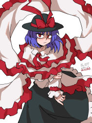 Rule 34 | 1girl, absurdres, black hat, black skirt, blush, bow, capelet, closed mouth, commentary request, eddybird55555 (style), frilled shawl, frilled skirt, frills, hat, hat bow, highres, holding own arm, long sleeves, looking at viewer, nagae iku, okinanocanvas, purple hair, red bow, red eyes, ringed eyes, shawl, short hair, simple background, skirt, solo, touhou, white background, white capelet