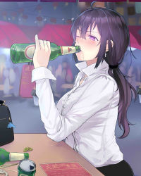 Rule 34 | 1girl, ahoge, alcohol, bad id, bad pixiv id, bag charm, beer can, beifeng han, black hair, black skirt, blurry, blush, bottle, bottle cap, breasts, can, charm (object), collared shirt, depth of field, drink can, drinking, drunk, elbows on table, glowing, hair between eyes, highres, large breasts, lips, long hair, long sleeves, looking at viewer, miyaura sanshio, office lady, one eye closed, open mouth, original, pencil skirt, ponytail, purple eyes, shirt, sitting, skirt, skirt set, solo focus, wavy hair, white shirt
