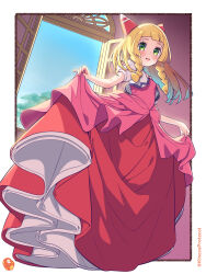 Rule 34 | 1girl, blonde hair, blunt bangs, blush, border, braid, clothes lift, commentary request, cosplay, creatures (company), cropped jacket, day, dress, dress lift, eyelashes, from below, game freak, green eyes, hair ornament, highres, jacket, kinocopro, lifted by self, lillie (pokemon), long hair, looking down, may (pokemon), may (pokemon) (cosplay), nintendo, pink dress, pokemon, pokemon: lucario and the mystery of mew, pokemon (anime), pokemon rse (anime), pokemon sm (anime), short sleeves, sky, smile, solo, standing, twin braids, white border, white jacket, window
