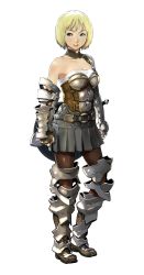 Rule 34 | 1girl, aqua eyes, armor, bare shoulders, belt, blonde hair, boobplate, boots, breastplate, breasts, brown pantyhose, character request, commentary request, copyright request, enami katsumi, fingerless gloves, full body, gloves, grey skirt, highres, leg armor, looking away, looking to the side, medium breasts, pantyhose, parted lips, pleated skirt, red lips, shield, short hair, simple background, skirt, solo, standing, sword, weapon, white background