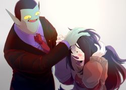 Rule 34 | 1boy, 1girl, adventure time, blush, fangs, father and daughter, formal, grey background, hand on another&#039;s head, head pat, hunson abadeer, marceline abadeer, necktie, open mouth, pointy ears, raya (uk 0128), suit, sweatdrop, sweater, upper body