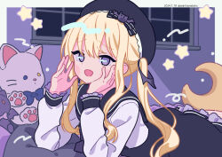 Rule 34 | 1girl, :d, beret, black dress, black hat, black sailor collar, blonde hair, commentary request, crescent, dated, dress, hair between eyes, hands up, hat, long hair, long sleeves, looking at viewer, lying, neki (wakiko), on stomach, open mouth, pillow, puffy long sleeves, puffy sleeves, purple eyes, re:act, sailor collar, sailor dress, shirt, sidelocks, sleeveless, sleeveless dress, sleeves past wrists, smile, solo, star (symbol), stuffed animal, stuffed cat, stuffed toy, tsukushi aria, twintails, twitter username, very long hair, virtual youtuber, white shirt, window