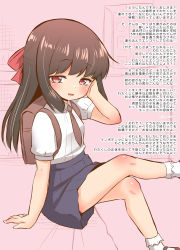 Rule 34 | 1girl, :d, backpack, bag, black skirt, blush, bobby socks, bow, brown eyes, brown footwear, brown hair, brown necktie, collared shirt, commentary request, crossed legs, feet out of frame, hair bow, hand up, highres, looking at viewer, muu rian, necktie, open mouth, original, pleated skirt, puffy short sleeves, puffy sleeves, red bow, shirt, shoes, short sleeves, sitting, skirt, smile, socks, solo, translation request, white shirt, white socks