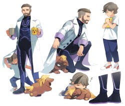 Rule 34 | 2boys, aged down, arven (pokemon), beard, bodysuit, brown hair, character print, closed mouth, coat, commentary request, creatures (company), cup, facial hair, father and son, game freak, gen 1 pokemon, green eyes, highres, holding, holding cup, male focus, mug, multiple boys, multiple views, nintendo, open clothes, open coat, pikachu, pokemon, pokemon sv, saida (ohda ooda), short hair, sleeping, standing, steam, turo (pokemon), undercut, white background, white coat, zzz