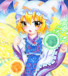 Rule 34 | 1girl, animal ears, arms up, bad id, bad pixiv id, blonde hair, blush, breasts, brooch, danmaku, eyelashes, fang, female focus, fox ears, fox tail, frills, hat, jewelry, long sleeves, looking at viewer, medium breasts, multiple tails, ofuda, open mouth, qqqrinkappp, short hair, sky, solo, star (sky), starry sky, tabard, tail, tassel, teeth, touhou, traditional media, watercolor pencil (medium), wide sleeves, yakumo ran, yellow eyes