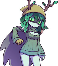 Rule 34 | 1girl, adventure time, alternate costume, arrow (projectile), bare legs, bow (weapon), cartoon network, female focus, green eyes, green hair, huntress wizard, leaf, long hair, matching hair/eyes, meme attire, nollety, open-chest sweater, solo, sweater, weapon
