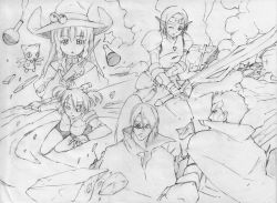 Rule 34 | 2boys, 3girls, :o, beret, blush, cloak, coat, collar, expressionless, gauntlets, greyscale, hat, hayakawa harui, long hair, looking at viewer, monochrome, multiple boys, multiple girls, parted lips, short hair, simple background, sunglasses, turtleneck, upper body, very long hair, white background, witch hat