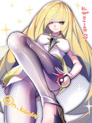 Rule 34 | 1girl, blunt bangs, breasts, closed mouth, covered erect nipples, creatures (company), dress, game freak, gem, high heels, holding, holding poke ball, impossible clothes, kamui natsuki, leggings, long hair, lusamine (pokemon), mature female, medium breasts, nintendo, poke ball, poke ball (basic), pokemon, pokemon sm, short dress, smile, solo, sparkle, twitter username, very long hair, white dress