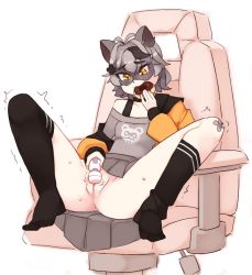 Rule 34 | 1girl, ahoge, animal ears, breasts, cat girl, chair, commentary, doughnut, eating, english commentary, female masturbation, food, gaming chair, goth fashion, grey hair, hair between eyes, hair ornament, holding, holding food, indie virtual youtuber, kneehighs, masturbation, orange eyes, punk, pussy, pussy juice, raccoon ears, raccoon girl, raccoon tail, rtil, sex toy, simple background, snuffy (vtuber), socks, solo, spread legs, swivel chair, tail, trembling, uncensored, vibrator, virtual youtuber, white background
