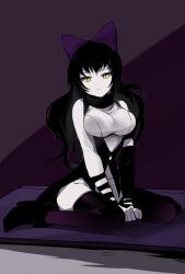Rule 34 | 1girl, animal ears, black hair, blake belladonna, bow, breasts, cat ears, cat girl, female focus, full body, hair bow, large breasts, long hair, looking at viewer, low twintails, ng (kimjae737), rwby, sitting, slit pupils, solo, thighhighs, twintails, v arms, yellow eyes, yokozuwari