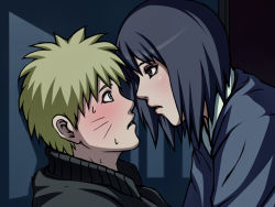 Rule 34 | 1boy, 1girl, against wall, age difference, black eyes, black hair, blonde hair, blue eyes, blush, couple, eye contact, facial mark, facing another, from side, hetero, imminent kiss, indoors, jacket, japanese clothes, kimono, leaning forward, leaning in, looking at another, matching hair/eyes, naruto, naruto (series), naruto shippuuden, nervous, night, parted lips, room, shadow, shizune (naruto), short hair, sweat, tk (tk&#039;s level4), upper body, uzumaki naruto, wall, whisker markings, whiskers