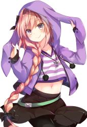 Rule 34 | 1boy, animal ears, animal hood, astolfo (fate), astolfo (memories at trifas) (fate), black bow, black pantyhose, black skirt, blush, bow, braid, closed mouth, contrapposto, cowboy shot, fake animal ears, fang, fang out, fate/grand order, fate (series), gomano rio, hair bow, hands up, head tilt, headgear, highres, hood, hood up, hooded jacket, jacket, jewelry, long hair, long sleeves, looking at viewer, male focus, multicolored hair, navel, necklace, official alternate costume, pantyhose, pendant, pink hair, pom pom (clothes), purple eyes, purple jacket, rabbit ears, rabbit hood, shirt, simple background, single braid, skirt, smile, solo, standing, streaked hair, striped clothes, striped shirt, tareme, trap, v-neck, very long hair, white background, white hair