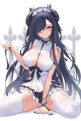 Rule 34 | 1girl, absurdres, august von parseval (azur lane), august von parseval (the conquered unhulde) (azur lane), azur lane, blush, breasts, cleavage, cleavage cutout, clothing cutout, curled horns, dress, frilled dress, frilled hairband, frills, gluteal fold, hair over one eye, hairband, highres, horns, large breasts, long hair, looking at viewer, maid, maid headdress, mechanical horns, neck ribbon, official alternate costume, purple eyes, purple hair, ribbon, runa (user guwn7382), sitting, sleeveless, sleeveless dress, solo, thighhighs, thighs, two-tone dress