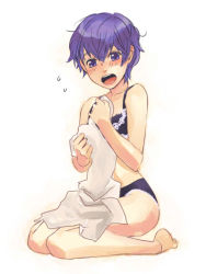 Rule 34 | atlus, barefoot, blush, bra, embarrassed, feet, lingerie, mihara (081mhrs), open mouth, panties, persona, persona 4, purple hair, shirogane naoto, short hair, solo, surprised, towel, underwear, underwear only