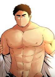 Rule 34 | 1boy, abs, archer (archery045), bara, bare pectorals, bare shoulders, facial hair, goatee, highres, large pectorals, looking at viewer, male focus, mature male, muscular, muscular male, navel, navel hair, nipples, off shoulder, open clothes, open shirt, pectorals, senpai ga uzai kouhai no hanashi, short hair, sideburns, solo, stomach, stubble, takeda harumi (shiromanta), textless version, thick eyebrows, undressing, upper body, white background