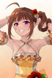 Rule 34 | 1girl, ahoge, armpits, arms behind head, arms up, bare shoulders, breasts, brown hair, cleavage, collarbone, commentary request, criss-cross halter, detached sleeves, dress, drill hair, gradient background, grin, halterneck, highres, idol clothes, idolmaster, idolmaster million live!, idolmaster million live! theater days, kamille (vcx68), looking at viewer, medium breasts, orange background, purple eyes, revision, side drill, side ponytail, sidelocks, small breasts, smile, solo, teeth, upper body, yellow dress, yokoyama nao