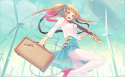 Rule 34 | 1girl, aircraft, airship, amplifier, aqua eyes, bad id, bad pixiv id, blonde hair, cable, dirigible, drill hair, electric guitar, fender (company), fender stratocaster, guitar, high heels, highres, instrument, kaito (k4itoh), legs, long hair, original, over shoulder, pantyhose, shoes, skirt, solo, twin drills, twintails, white pantyhose, wind turbine, windmill
