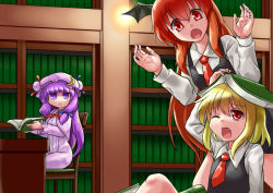 Rule 34 | 3girls, :&lt;, :o, ;o, araki (qbthgry), blonde hair, blouse, book, book on head, chair, d;, dress, fang, fangs, hair ribbon, hat, head wings, koakuma, library, long hair, mob cap, multiple girls, necktie, object on head, one eye closed, open mouth, patchouli knowledge, purple eyes, purple hair, red eyes, red hair, red necktie, ribbon, rumia, shirt, short hair, sitting, touhou, triangle mouth, vest, voile, wings