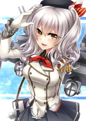 Rule 34 | 10s, 1girl, bad id, bad pixiv id, breasts, brown eyes, epaulettes, female focus, gloves, hat, kantai collection, kashima (kancolle), large breasts, long hair, military, military uniform, miniskirt, silver hair, skirt, smile, solo, twintails, ueno tsuki, uniform