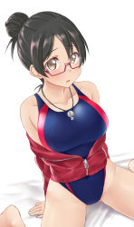 Rule 34 | 1girl, aimobake, bad id, bad twitter id, bespectacled, black hair, blue one-piece swimsuit, blush, brown eyes, clothes pull, commentary request, competition swimsuit, glasses, highres, idolmaster, idolmaster cinderella girls, jacket, jacket pull, looking at viewer, off shoulder, on bed, one-piece swimsuit, open mouth, partially unzipped, red-framed eyewear, semi-rimless eyewear, short hair, simple background, sitting, solo, sweatdrop, swimsuit, under-rim eyewear, wariza, whistle, whistle around neck, white background, yaguchi miu