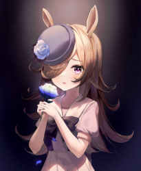 Rule 34 | 1girl, :o, absurdres, animal ears, black background, black bow, blue flower, blue rose, blush, bow, brown hair, chaerom, commentary request, flower, grey background, hair over one eye, hands up, hat, hat flower, highres, holding, holding flower, horse ears, horse girl, huge filesize, long hair, looking at viewer, open mouth, pleated skirt, purple background, purple eyes, rice shower (umamusume), rose, sailor collar, short sleeves, skirt, solo, umamusume, upper body