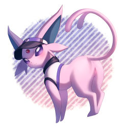 Rule 34 | 1girl, ass, black hat, blank eyes, blush, border, cleft of venus, closed mouth, clothed pokemon, creatures (company), crop top, espeon, expressionless, female focus, forehead jewel, forked tail, from behind, full body, furry, furry female, game freak, gem, gen 2 pokemon, hat, highres, looking at viewer, looking back, maki (letusgomaki), nintendo, no humans, outside border, poke ball symbol, pokemon, pokemon (creature), pokemon unite, purple eyes, pussy, red gemstone, shirt, sleeveless, sleeveless shirt, solo, standing, striped, striped background, tail, uncensored, visor cap, white border, white shirt