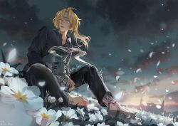 Rule 34 | 1boy, ahoge, automail, bandages, black pants, black shirt, blonde hair, cloud, cloudy sky, collared shirt, edward elric, eyes visible through hair, falling petals, field, flower, flower field, full body, fullmetal alchemist, helmet, holding, holding helmet, long hair, long sleeves, looking away, male focus, open mouth, outdoors, pants, petals, ponytail, prosthesis, prosthetic arm, prosthetic leg, shirt, sitting, sky, solo, twilight, twitter username, white flower, yellow eyes, zoha