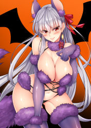 Rule 34 | 1girl, animal ears, bare shoulders, blush, bow, breasts, cosplay, earrings, elbow gloves, fate/grand order, fate (series), fur trim, gloves, hair between eyes, hair ribbon, halloween costume, hatori mia, highres, jewelry, kama (fate), large breasts, long hair, looking at viewer, mash kyrielight, mash kyrielight (dangerous beast), mash kyrielight (dangerous beast) (cosplay), navel, official alternate costume, purple gloves, purple thighhighs, red bow, red eyes, red ribbon, revealing clothes, ribbon, silver hair, smile, solo, tail, thighhighs, wings, wolf ears, wolf tail