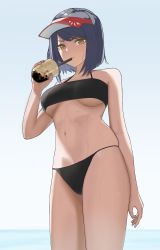 Rule 34 | 1girl, absurdres, arm behind back, bare shoulders, bikini, black bikini, black hair, breasts, bubble tea, cup, drinking straw, feet out of frame, genshin impact, highres, holding, holding cup, kujou sara, looking at viewer, me0i, medium hair, midriff, simple background, solo, standing, sweat, swimsuit, underboob, v-shaped eyebrows, visor cap, yellow eyes