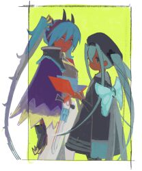 Rule 34 | 2girls, black dress, black gloves, black headwear, blue hair, book, border, bug miku (project voltage), cape, closed mouth, creatures (company), dragon miku (project voltage), dress, fake horns, frown, game freak, gloves, hair between eyes, hair through headwear, hands up, hatsune miku, highres, holding, holding book, horns, long hair, long sleeves, looking at viewer, multiple girls, nintendo, open book, open mouth, pants, poke ball, pokemon, project voltage, purple cape, standing, suaviterra, sword, twintails, very long hair, vocaloid, weapon, white border, white pants, yellow background