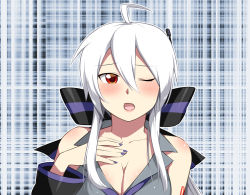 Rule 34 | 1girl, breasts, caffein, cleavage, detached sleeves, hand on own chest, large breasts, long hair, nail polish, one eye closed, open mouth, red eyes, silver hair, solo, vocaloid, wink, yowane haku