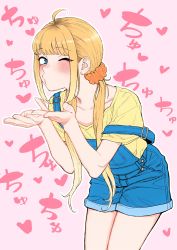 Rule 34 | 1girl, @ @, absurdres, ahoge, blonde hair, blowing kiss, blue eyes, blunt bangs, blush, haioku colonel, highres, long hair, looking at viewer, off shoulder, one eye closed, original, overalls, scrunchie, solo, twintails