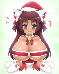 Rule 34 | 1girl, :3, animal print, areola slip, bare shoulders, bell, between legs, blue eyes, blush, bobblehat, bow, bow legwear, breasts, brown hair, cat girl, christmas, cleavage, collar, commission, commissioner upload, covered erect nipples, cow print, dark-skinned female, dark skin, detached collar, elbow gloves, female focus, full body, fur trim, gloves, hair bow, hair ornament, hand between legs, hat, highres, huge breasts, kane-neko, long hair, looking at viewer, miniskirt, naomi minette, neck bell, nipples, oppai loli, original, petite, pom pom (clothes), pov, red gloves, ribbon, ribbon legwear, santa costume, santa gloves, santa hat, shiny skin, sitting, skirt, smile, solo, spread legs, strapless, taut clothes, thighhighs, tight clothes, tube top, two side up, underboob, wariza, white thighhighs, zettai ryouiki