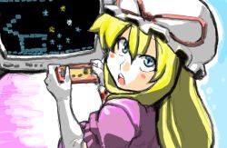 Rule 34 | 1girl, blonde hair, blue eyes, blush stickers, bokosuka wars, dress, elbow gloves, famicom, female focus, game console, gloves, hat, long hair, looking at viewer, looking back, mob cap, open mouth, pink dress, playing games, sketch, solo, television, touhou, tukiwani, upper body, video game, white gloves, white hat, yakumo yukari