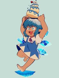 Rule 34 | 1girl, barefoot, blue dress, blue eyes, blue hair, cake, cirno, clem (calmeremerald), collared shirt, commentary, dark-skinned female, dark skin, detached wings, dress, english commentary, food, fruit, full body, highres, holding, holding plate, ice, ice wings, neck ribbon, open mouth, pinafore dress, plate, pointy ears, puffy short sleeves, puffy sleeves, red ribbon, ribbon, shirt, short hair, short sleeves, sleeveless, sleeveless dress, solo, strawberry, sweatdrop, touhou, v-shaped eyebrows, whipped cream, white shirt, wings