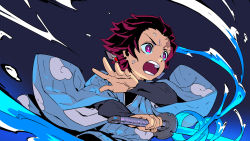 Rule 34 | 1boy, absurdres, brown hair, commentary request, enkyo yuuichirou, haori, highres, holding, holding sword, holding weapon, japanese clothes, kamado tanjirou, katana, kimetsu no yaiba, long sleeves, male focus, open mouth, purple eyes, scar, scar on face, scar on forehead, simple background, solo, sword, upper body, weapon, wide sleeves