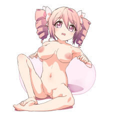 Rule 34 | 1girl, ball, blush, breasts, breasts apart, cleft of venus, crotch, drill hair, exercise ball, hair ribbon, highres, jashin-chan dropkick, large breasts, navel, nipples, nude, open mouth, pink eyes, pink hair, pino (jashin-chan dropkick), pussy, ribbon, solo, twin drills