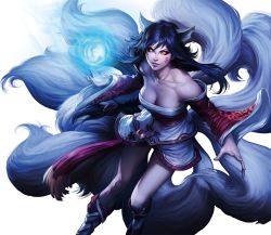 Rule 34 | 1girl, ahri (league of legends), animal ears, bare shoulders, black hair, boots, breasts, cleavage, collarbone, detached sleeves, dress, facial mark, fox ears, fox tail, korean clothes, large breasts, league of legends, legs, long hair, long sleeves, looking at viewer, official art, orb, parted lips, simple background, smile, solo, strapless, strapless dress, tail, tube dress, whisker markings, white background, wide sleeves, yellow eyes