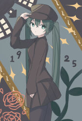 Rule 34 | 1925 (vocaloid), 1girl, aqua eyes, brown jacket, brown pantyhose, brown skirt, commentary request, cowboy shot, dot nose, expressionless, from side, green hair, hair between eyes, hand on headwear, hat, hatsune miku, highres, jacket, long hair, looking at viewer, mokoinu (pixiv 27216243), muted color, pantyhose, peaked cap, sketch background, skirt, sleeves past wrists, solo, twintails, very long hair, vocaloid