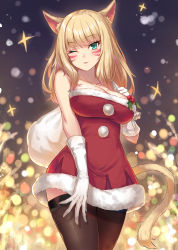 Rule 34 | 1girl, animal ear fluff, animal ears, bare shoulders, blonde hair, blush, breasts, brown thighhighs, cat ears, cat girl, cat tail, christmas, cleavage, collarbone, commentary request, dress, elbow gloves, facial mark, final fantasy, final fantasy xiv, fur-trimmed dress, fur trim, gloves, gohei (aoi yuugure), green eyes, highres, holding, large breasts, long hair, looking at viewer, miqo&#039;te, one eye closed, original, parted lips, red dress, sack, smile, solo, sparkle, strapless, strapless dress, tail, thighhighs, warrior of light (ff14), whisker markings, white gloves