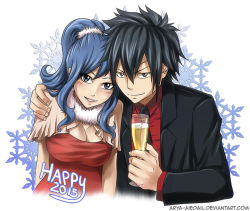 Rule 34 | 1boy, 1girl, 2015, arya-aiedail, black hair, black jacket, black neckwear, blue eyes, blue hair, breasts, brown eyes, collared shirt, couple, cup, dress, fairy tail, gray fullbuster, hair between eyes, hair ornament, hand on another&#039;s shoulder, happy new year, holding, holding cup, jacket, juvia lockser, large breasts, long hair, looking at viewer, necktie, new year, open clothes, open jacket, parted lips, ponytail, red dress, red shirt, shirt, short hair, sleeveless, sleeveless dress, smile, snowflakes, spiked hair, v-shaped eyebrows, watermark, web address, white background, wing collar