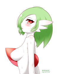 Rule 34 | 1girl, absurdres, akatori (redbird), artist name, blush, breasts, breath, colored skin, creatures (company), dated, female focus, from side, game freak, gardevoir, gen 3 pokemon, green hair, hair over one eye, half-closed eyes, highres, inverted nipples, looking at viewer, looking to the side, medium breasts, nintendo, nipples, nude, open mouth, pokemon, pokemon (creature), profile, red eyes, shiny skin, short hair, simple background, solo, twitter username, upper body, watermark, wet, wet hair, white skin